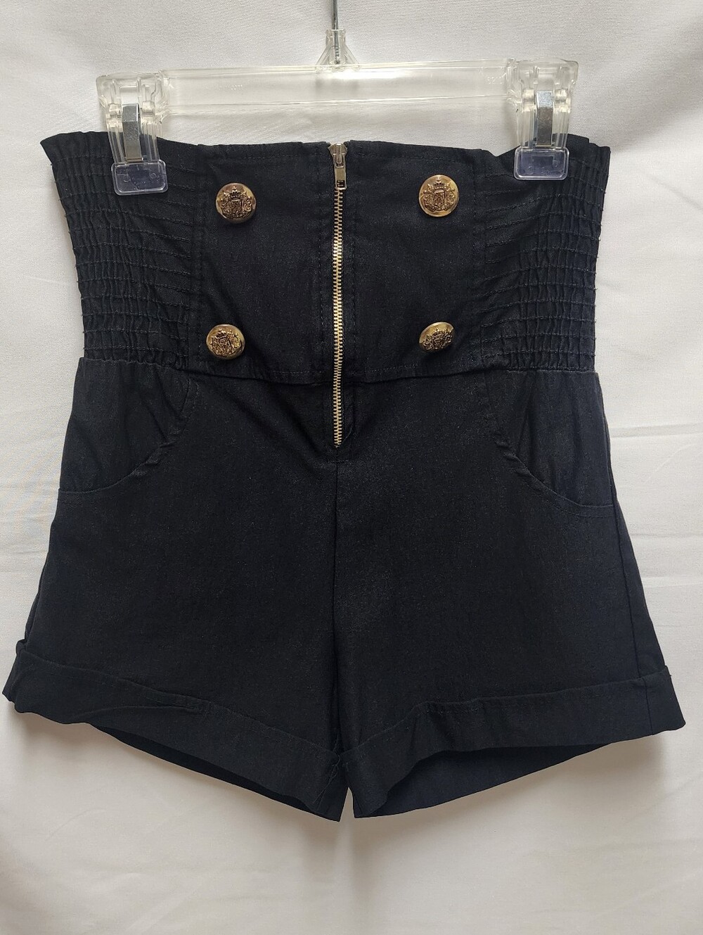 High-Waist Black Shorts with Gold Button Detail